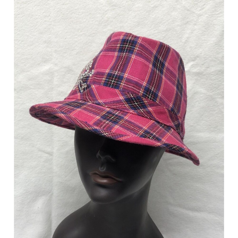 Piper & Blue Fedora Pink Plaid Rhinestone Skull Gothic Y2K Punk Campus Hat